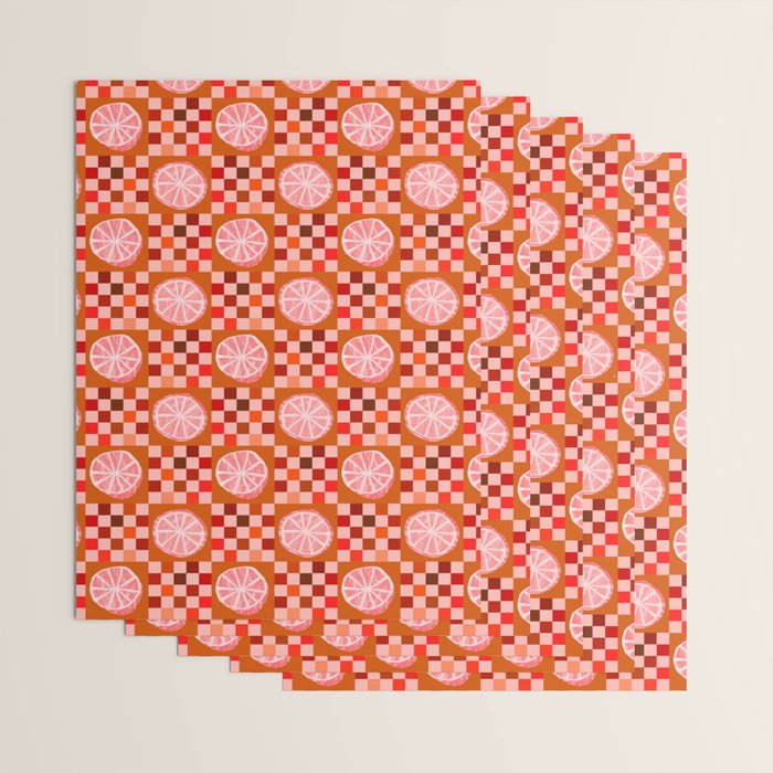 Checkered Sliced Citrus Fruit in Red & Peach Pink Wrapping Paper Gallery Image 3
