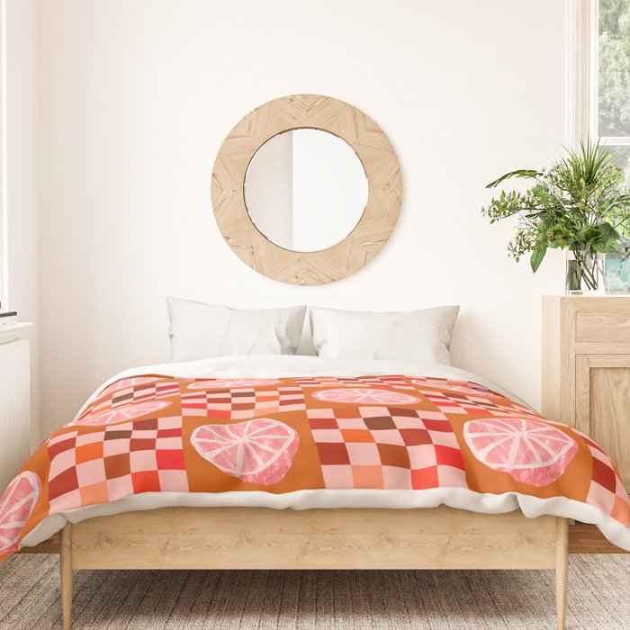 Checkered Sliced Citrus Fruit in Red & Peach Pink Duvet Cover Gallery Image 3
