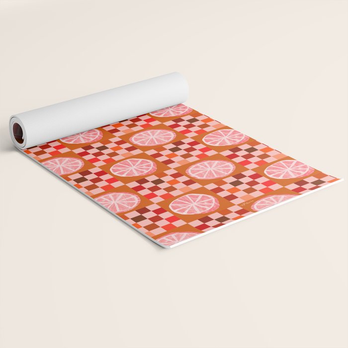 Checkered Sliced Citrus Fruit in Red & Peach Pink Yoga Mat Gallery Image 2