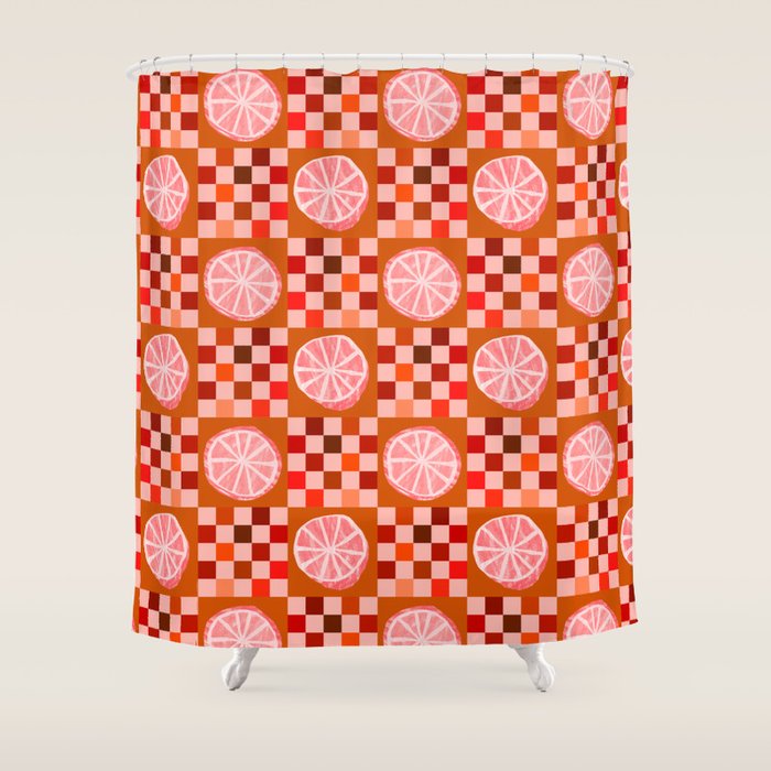 Checkered Sliced Citrus Fruit in Red & Peach Pink Shower Curtain Gallery Image 1