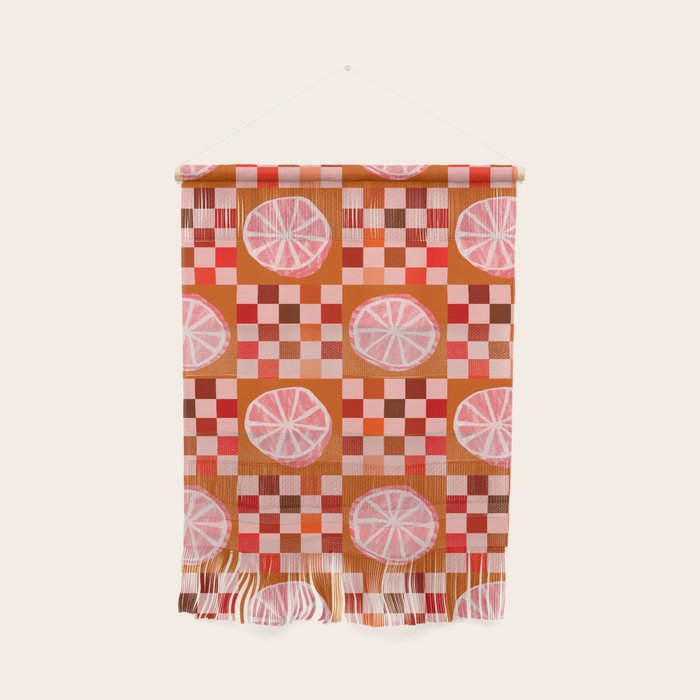 Checkered Sliced Citrus Fruit in Red & Peach Pink Wall Hanging Gallery Image 1