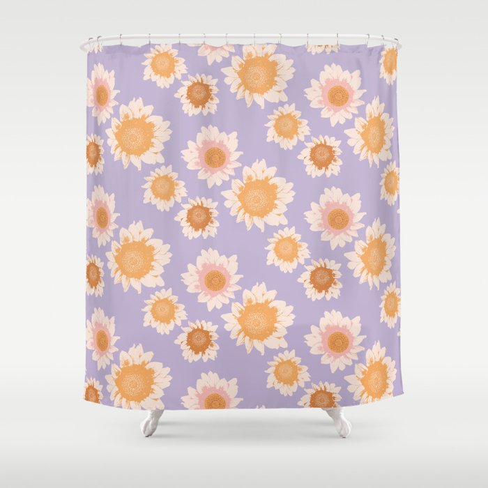 Retro boho daisy floral pattern lavender Shower Curtain Gallery Image 1
