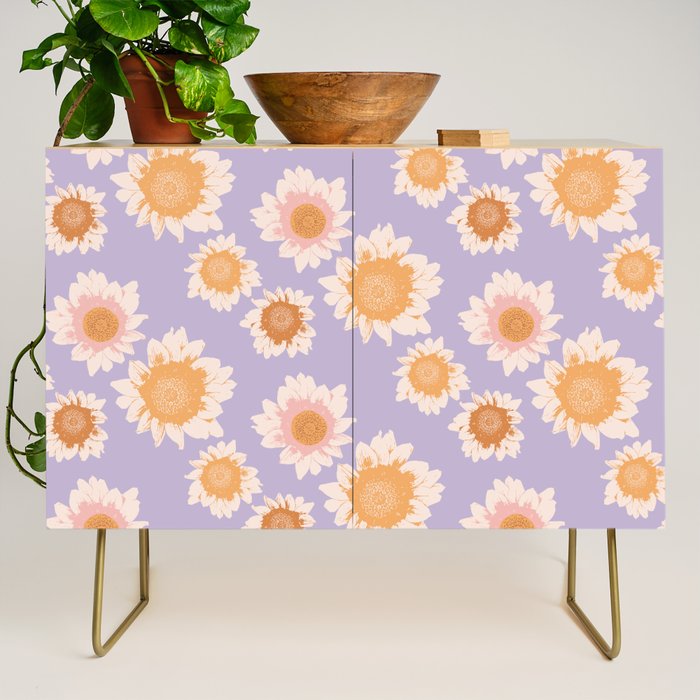 Retro boho daisy floral pattern lavender Credenza Gallery Image 1
