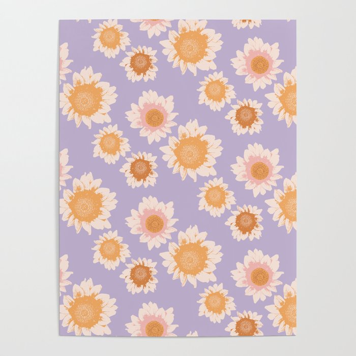 Retro boho daisy floral pattern lavender Poster Gallery Image 1
