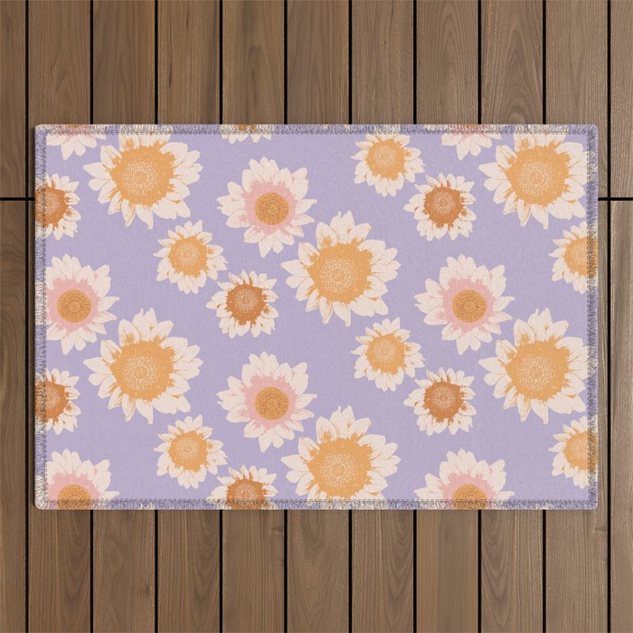 Retro boho daisy floral pattern lavender Outdoor Rug Gallery Image 1