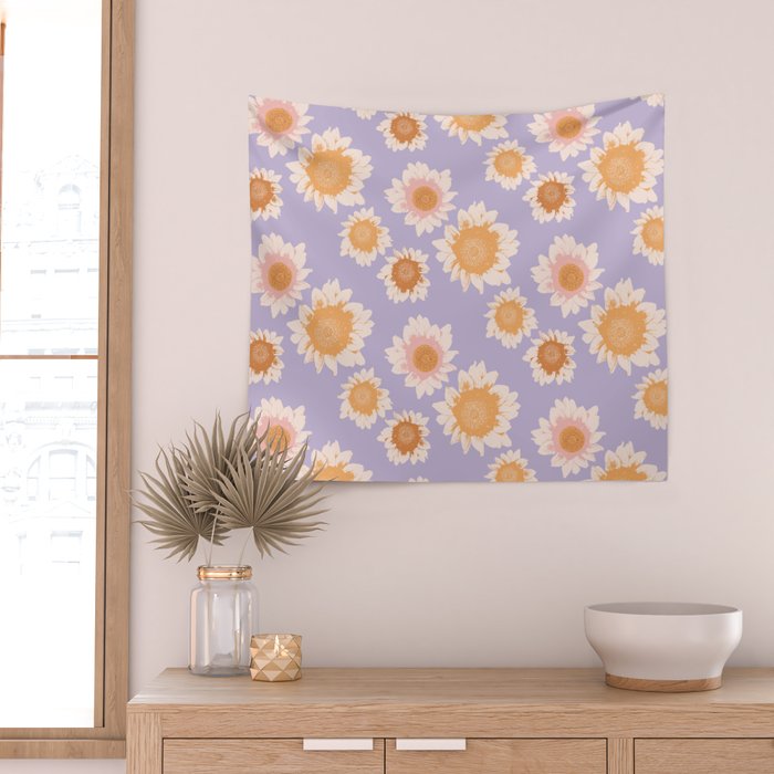 Retro boho daisy floral pattern lavender Wall Tapestry Gallery Image 2