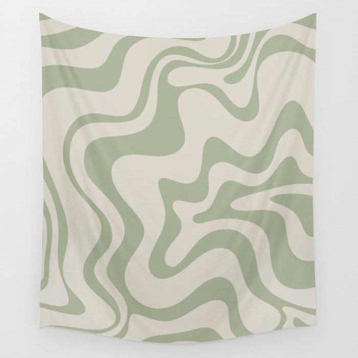 Liquid Swirl Modern Abstract Pattern in Beige and Sage Green Wall Tapestry Gallery Image 4
