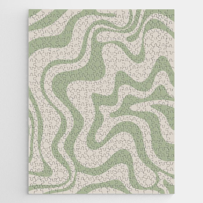 Liquid Swirl Modern Abstract Pattern in Beige and Sage Green Jigsaw Puzzle Gallery Image 1