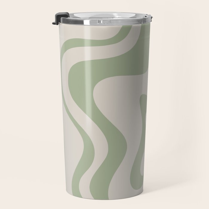Liquid Swirl Modern Abstract Pattern in Beige and Sage Green Travel Mug Gallery Image 3