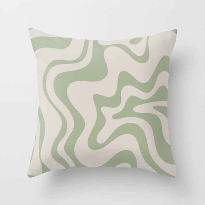 Liquid Swirl Modern Abstract Pattern in Beige and Sage Green Throw Pillow Gallery Image 1