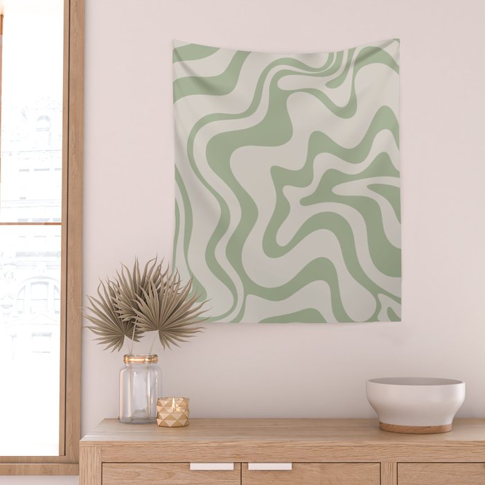 Liquid Swirl Modern Abstract Pattern in Beige and Sage Green Wall Tapestry Gallery Image 2