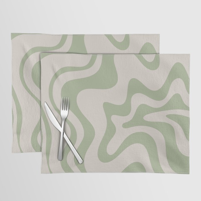 Liquid Swirl Modern Abstract Pattern in Beige and Sage Green Placemat Gallery Image 1