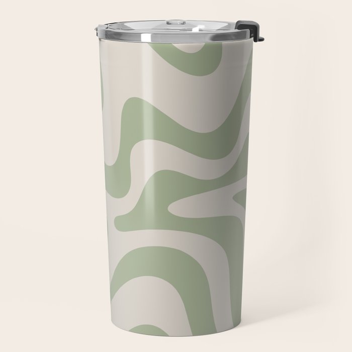 Liquid Swirl Modern Abstract Pattern in Beige and Sage Green Travel Mug Gallery Image 2
