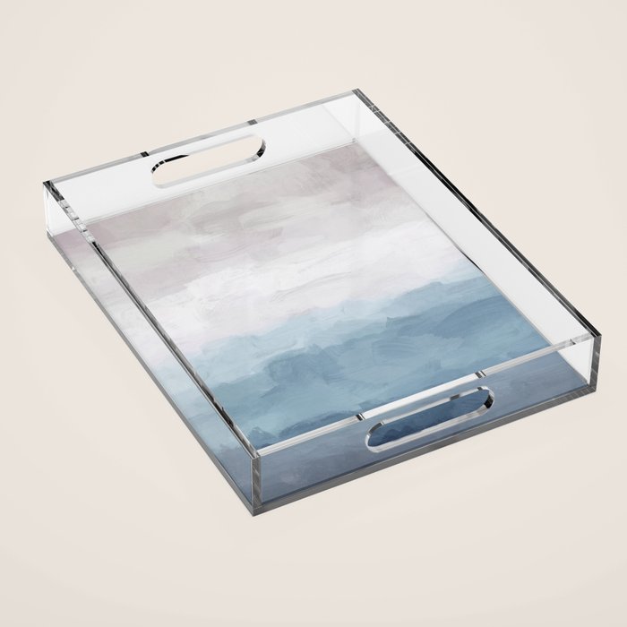 Misty Evening - White, Mauve, Navy Soft Blue Print Modern Wall Art Abstract Painting, Ocean Clouds Acrylic Tray Gallery Image 1