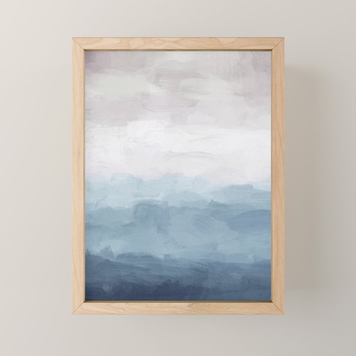 Misty Evening - White, Mauve, Navy Soft Blue Print Modern Wall Art Abstract Painting, Ocean Clouds Mini Art Print Gallery Image 1