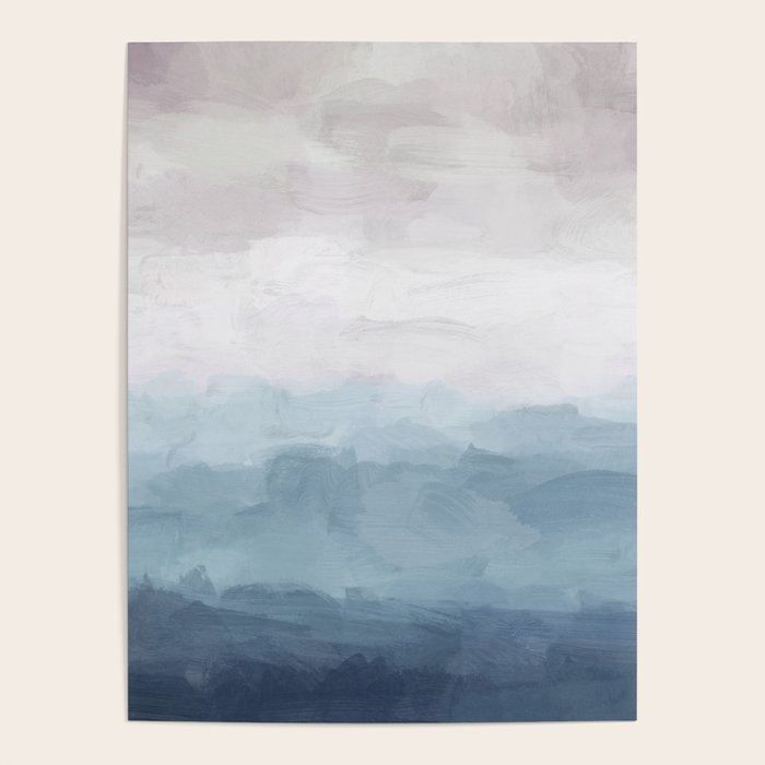 Misty Evening - White, Mauve, Navy Soft Blue Print Modern Wall Art Abstract Painting, Ocean Clouds Poster Gallery Image 4