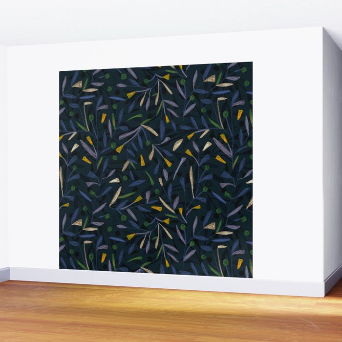 Midnight Floral Pattern 2 - Blue and Yellow Wall Mural Gallery Image 2