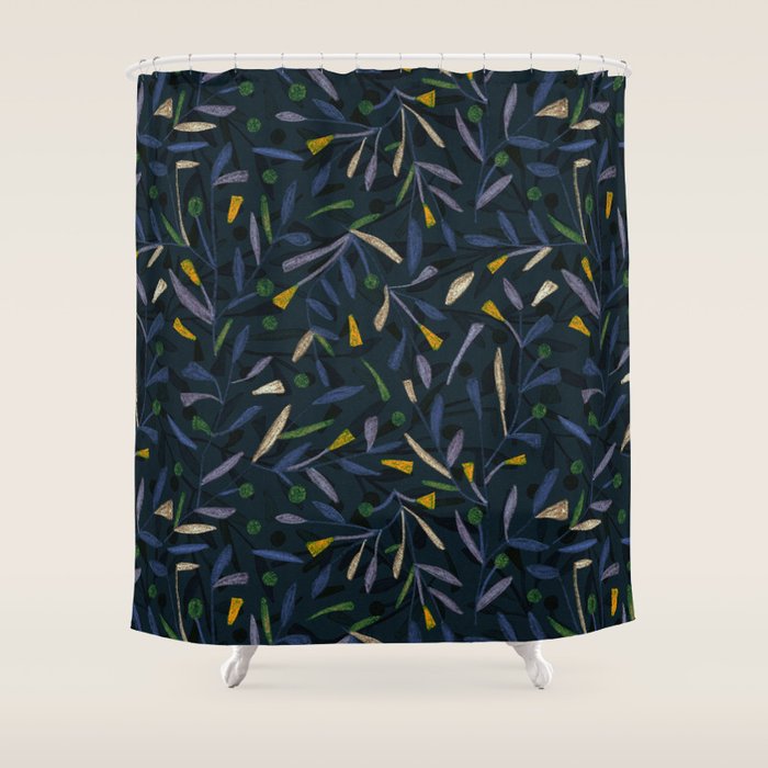 Midnight Floral Pattern 2 - Blue and Yellow Shower Curtain Gallery Image 1