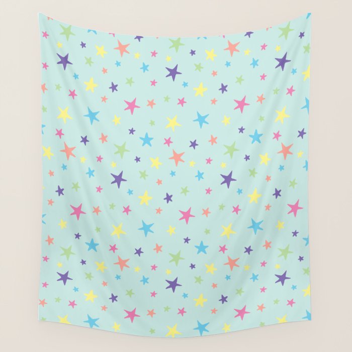 Rainbow Stars on Mint Wall Tapestry Gallery Image 1