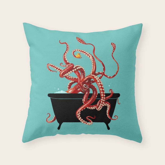 Giant Squid in Bathtub Throw Pillow Gallery Image 6