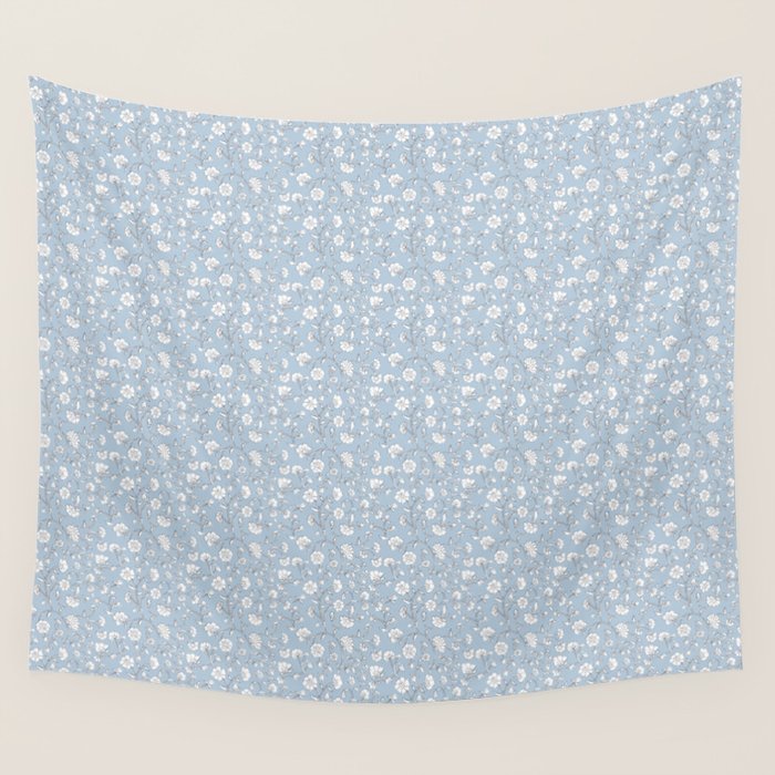 Vintage Small Block Print Floral - Sky Wall Tapestry Gallery Image 1