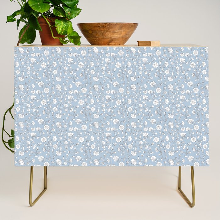 Vintage Small Block Print Floral - Sky Credenza Gallery Image 1