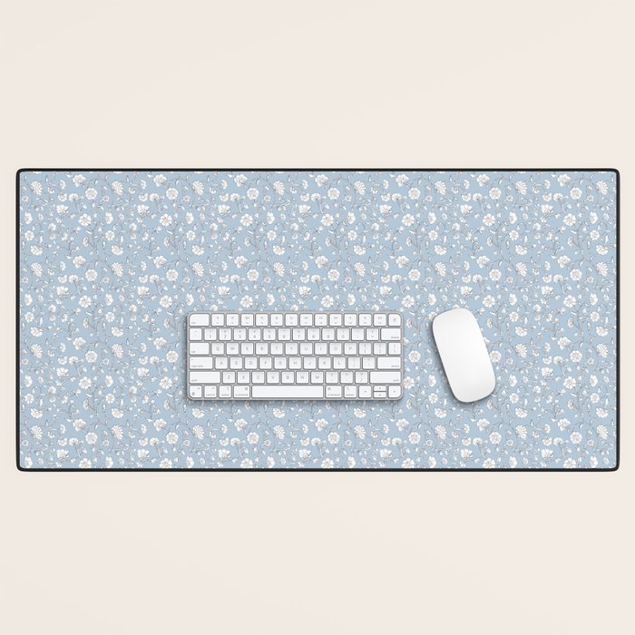 Vintage Small Block Print Floral - Sky Desk Mat Gallery Image 1
