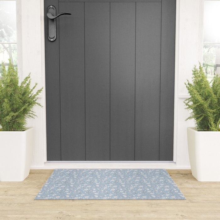Vintage Small Block Print Floral - Sky Welcome Mat Gallery Image 3