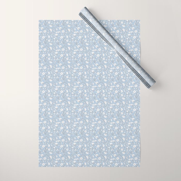 Vintage Small Block Print Floral - Sky Wrapping Paper Gallery Image 1