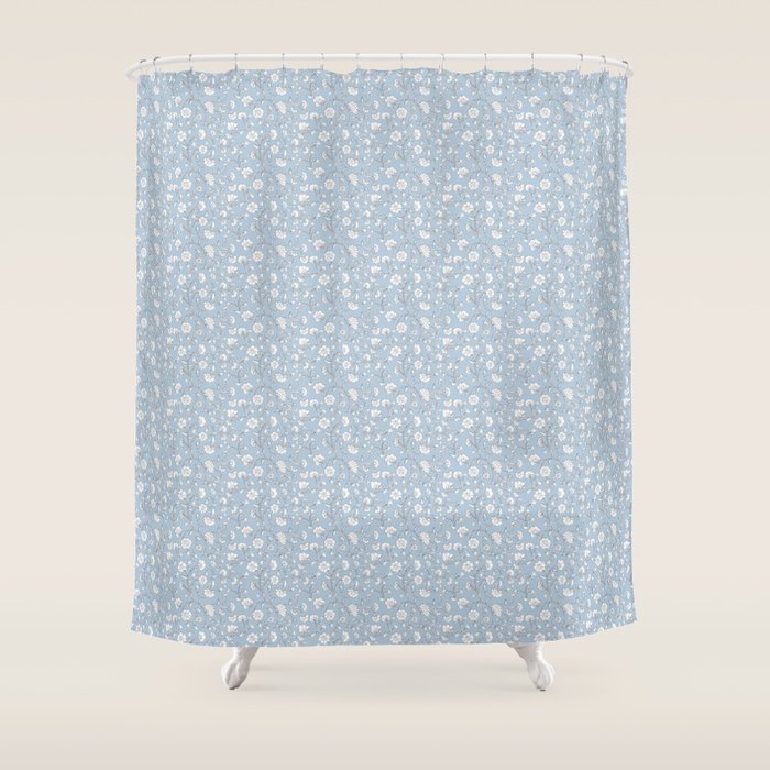 Vintage Small Block Print Floral - Sky Shower Curtain Gallery Image 1