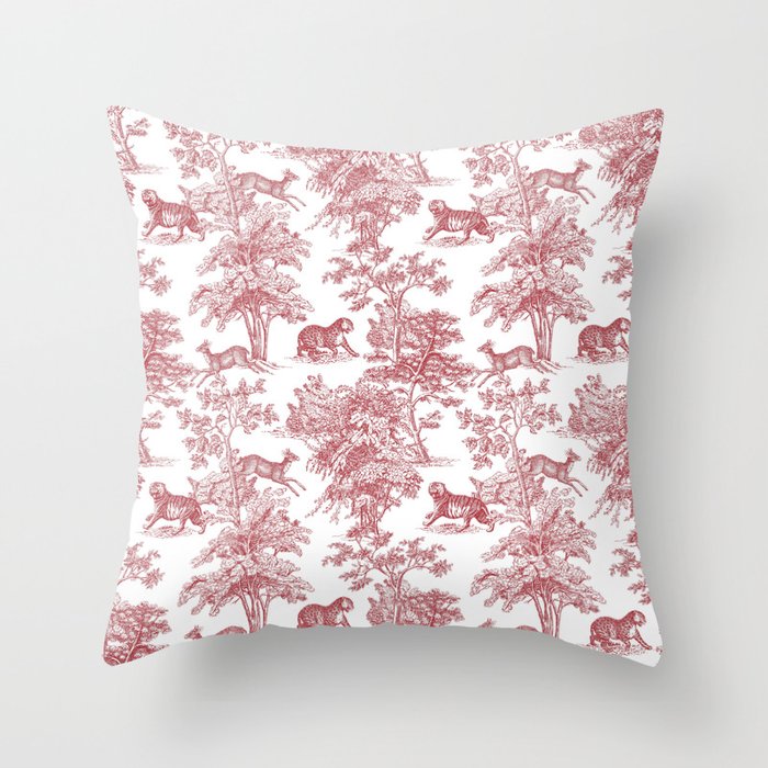 Toile de Jouy Vintage French Exotic Jungle Forest Red & White Throw Pillow Gallery Image 6