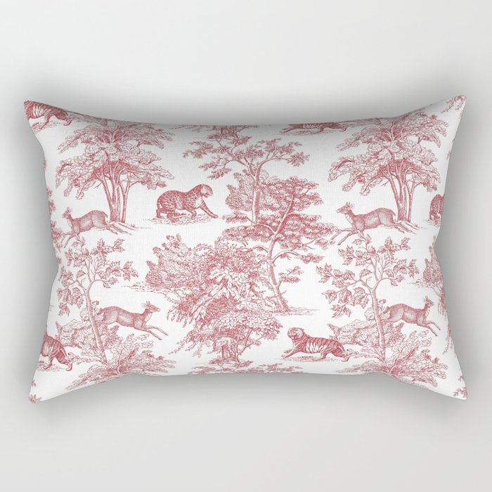 Toile de Jouy Vintage French Exotic Jungle Forest Red & White Rectangular Pillow Gallery Image 1