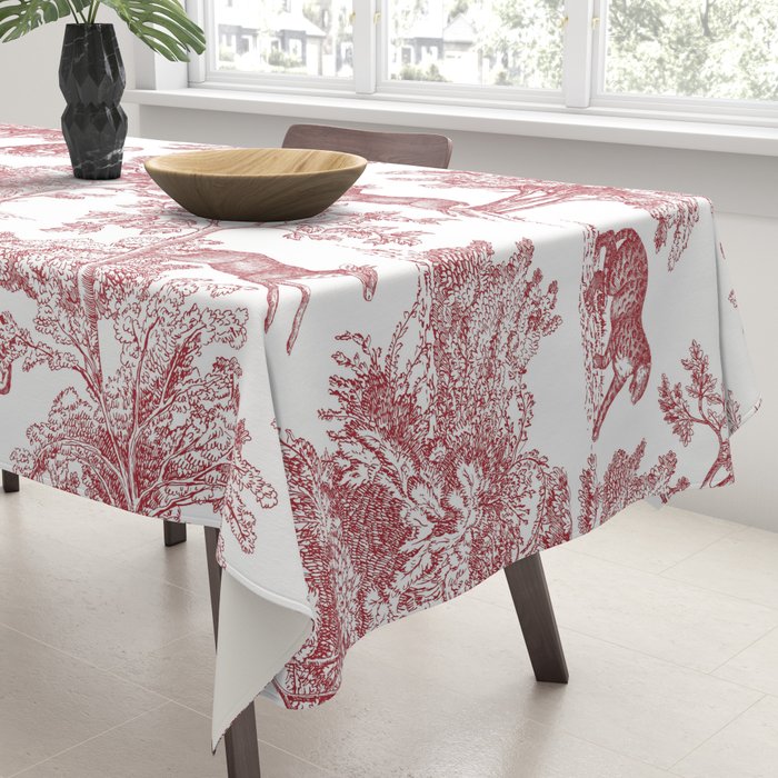 Toile de Jouy Vintage French Exotic Jungle Forest Red & White Tablecloth Gallery Image 3