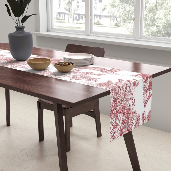 Toile de Jouy Vintage French Exotic Jungle Forest Red & White Table Runner Gallery Image 2