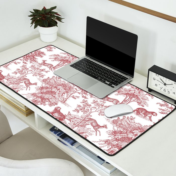 Toile de Jouy Vintage French Exotic Jungle Forest Red & White Desk Mat Gallery Image 2