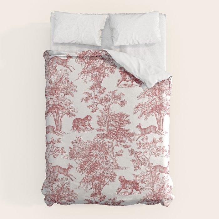 Toile de Jouy Vintage French Exotic Jungle Forest Red & White Duvet Cover Gallery Image 6