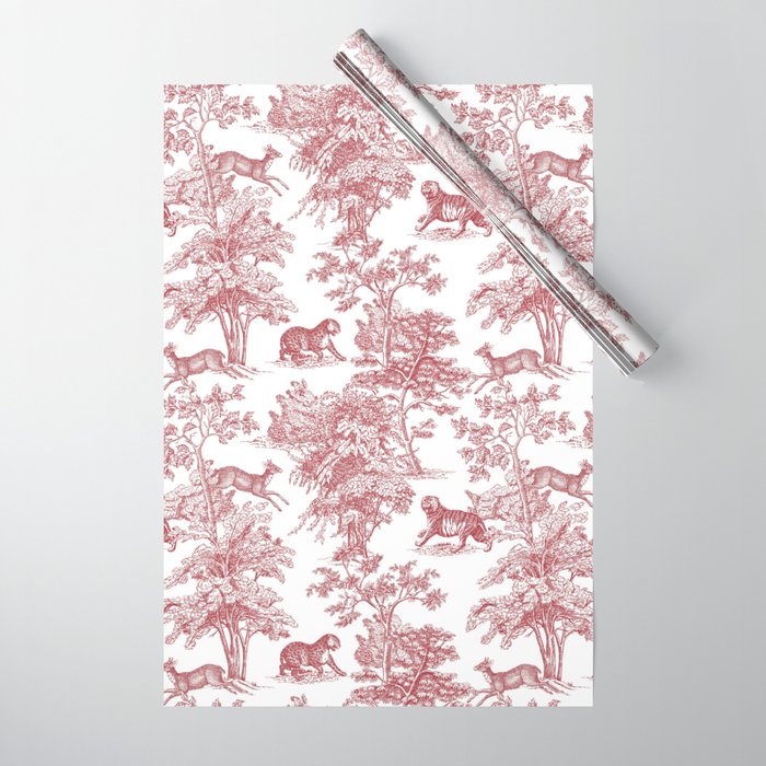 Toile de Jouy Vintage French Exotic Jungle Forest Red & White Wrapping Paper Gallery Image 1