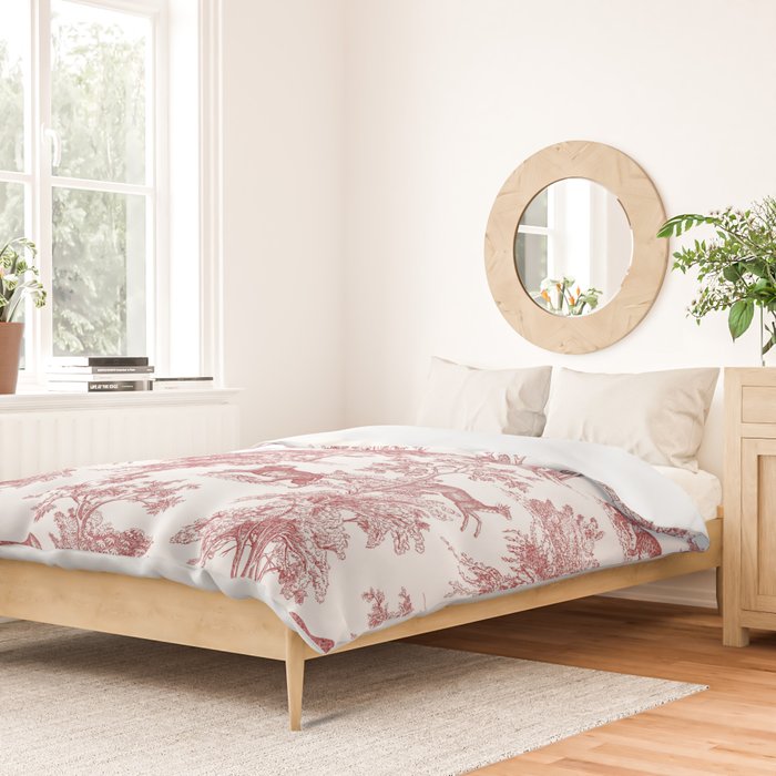 Toile de Jouy Vintage French Exotic Jungle Forest Red & White Duvet Cover Gallery Image 2