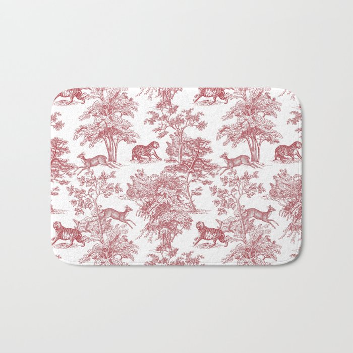 Toile de Jouy Vintage French Exotic Jungle Forest Red & White Bath Mat Gallery Image 1