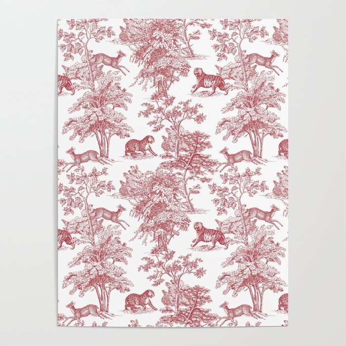 Toile de Jouy Vintage French Exotic Jungle Forest Red & White Poster Gallery Image 4