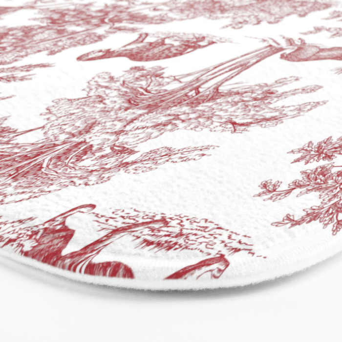 Toile de Jouy Vintage French Exotic Jungle Forest Red & White Bath Mat Gallery Image 3