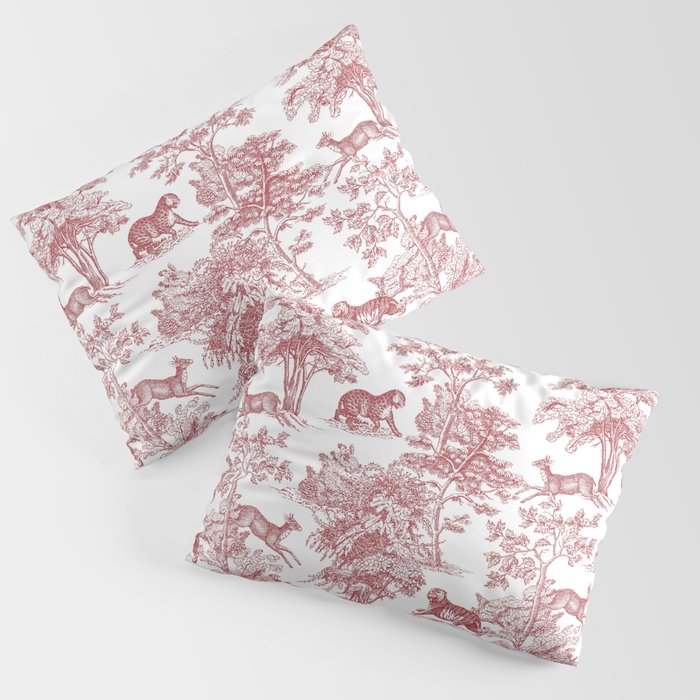 Toile de Jouy Vintage French Exotic Jungle Forest Red & White Pillow Sham Gallery Image 1