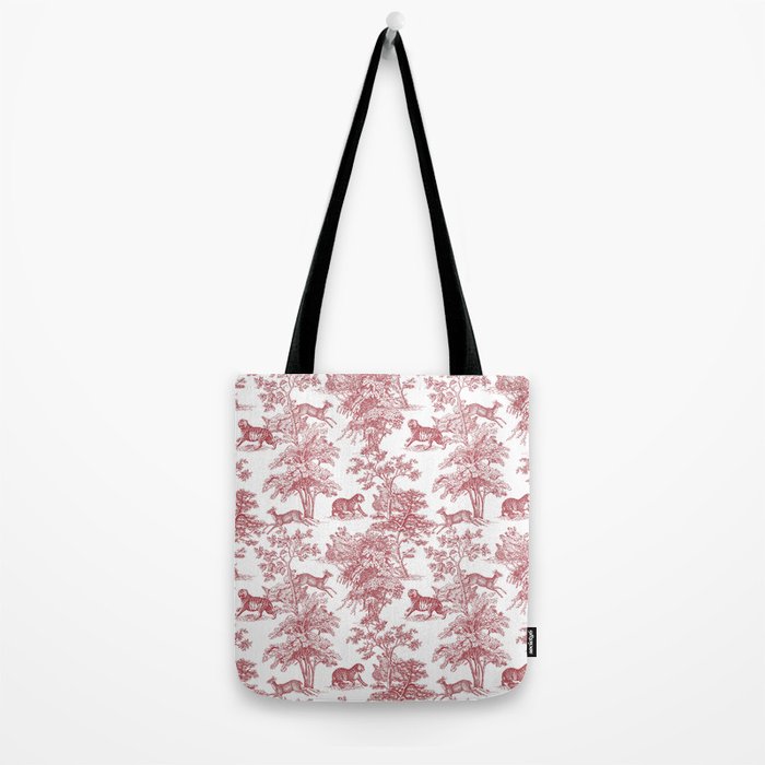 Toile de Jouy Vintage French Exotic Jungle Forest Red & White Tote Bag Gallery Image 2