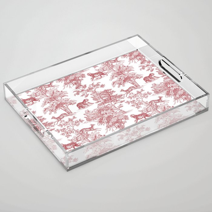 Toile de Jouy Vintage French Exotic Jungle Forest Red & White Acrylic Tray Gallery Image 1