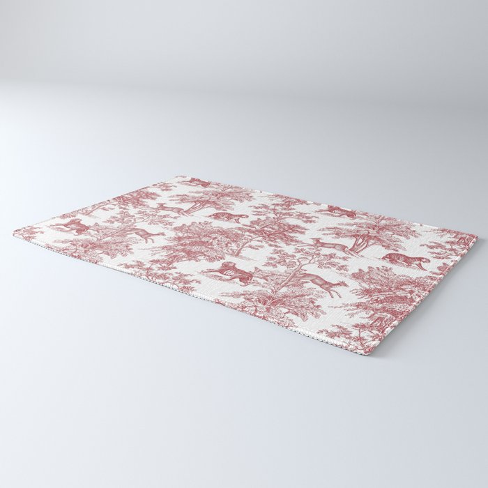 Toile de Jouy Vintage French Exotic Jungle Forest Red & White Rug Gallery Image 3