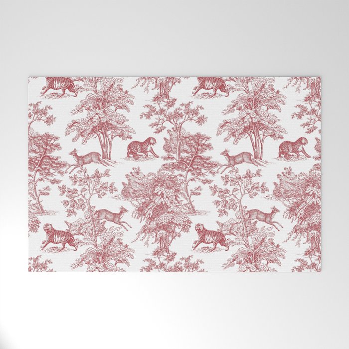 Toile de Jouy Vintage French Exotic Jungle Forest Red & White Welcome Mat Gallery Image 1