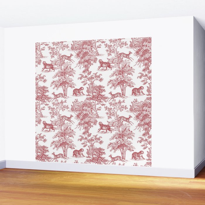 Toile de Jouy Vintage French Exotic Jungle Forest Red & White Wall Mural Gallery Image 2