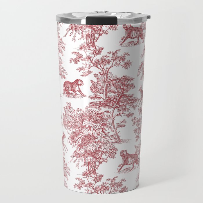 Toile de Jouy Vintage French Exotic Jungle Forest Red & White Travel Mug Gallery Image 1