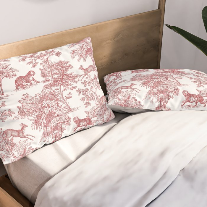 Toile de Jouy Vintage French Exotic Jungle Forest Red & White Pillow Sham Gallery Image 2