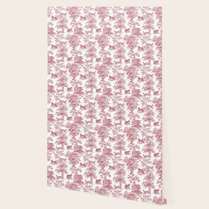 Toile de Jouy Vintage French Exotic Jungle Forest Red & White Wallpaper Gallery Image 2